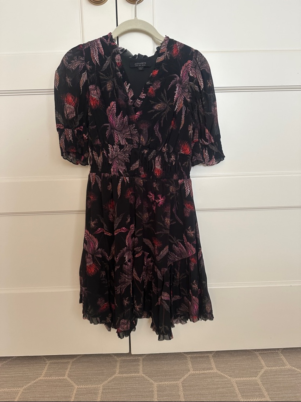 AllSaints Black Mini Dress with Pink and Red Feather Print